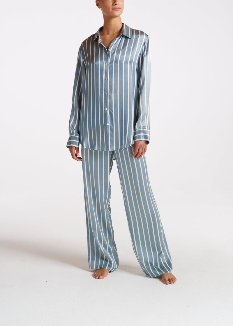 London Pyjama Top Dust Blue Stripe Silk