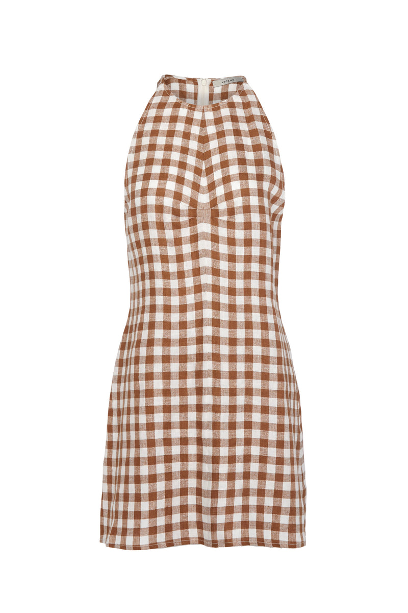 Antigua Dress Brown Check Linen