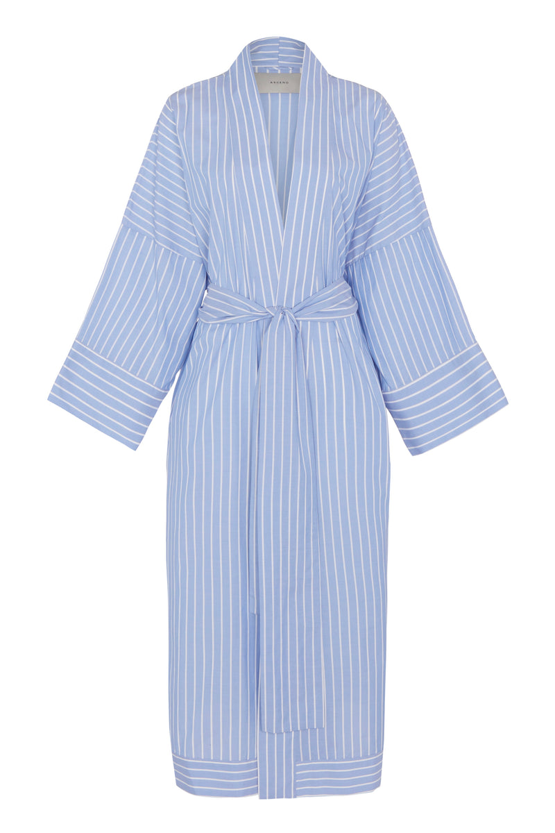 Athens Blue & White Stripe Cotton Silk Robe