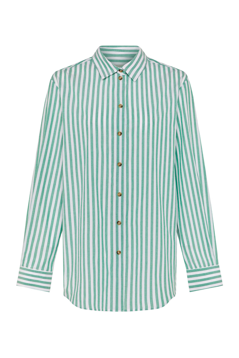 London Pyjama Top Green Stripe Cotton