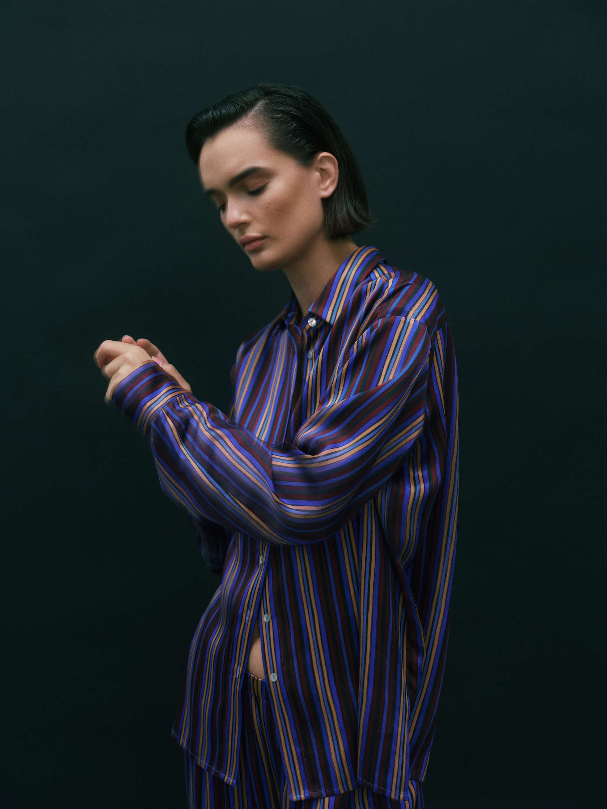 Maya Shirt Painted Stripe Blue Silk Charmeuse
