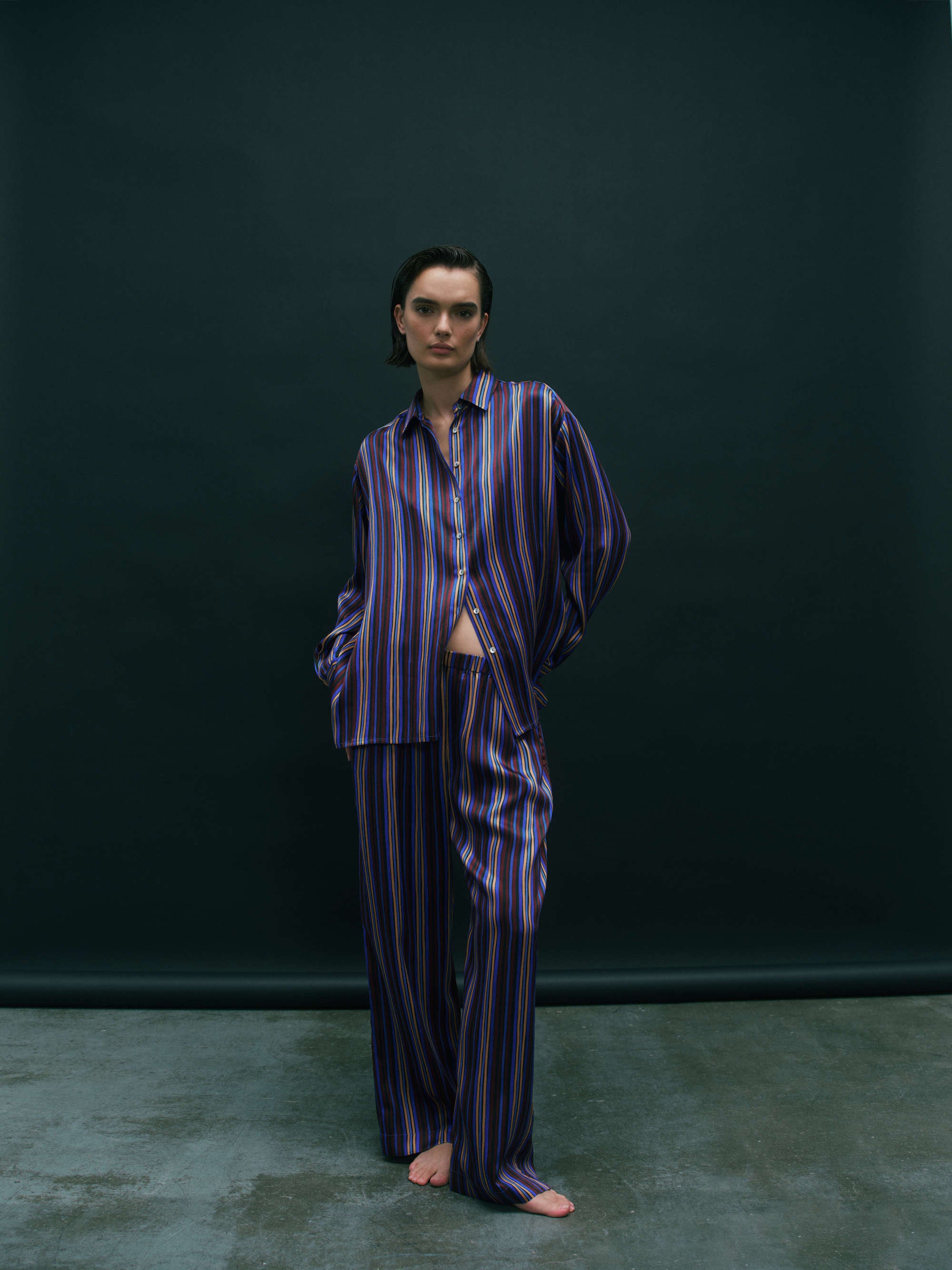 Rosa Trouser Painted Stripe Blue Silk Charmeuse