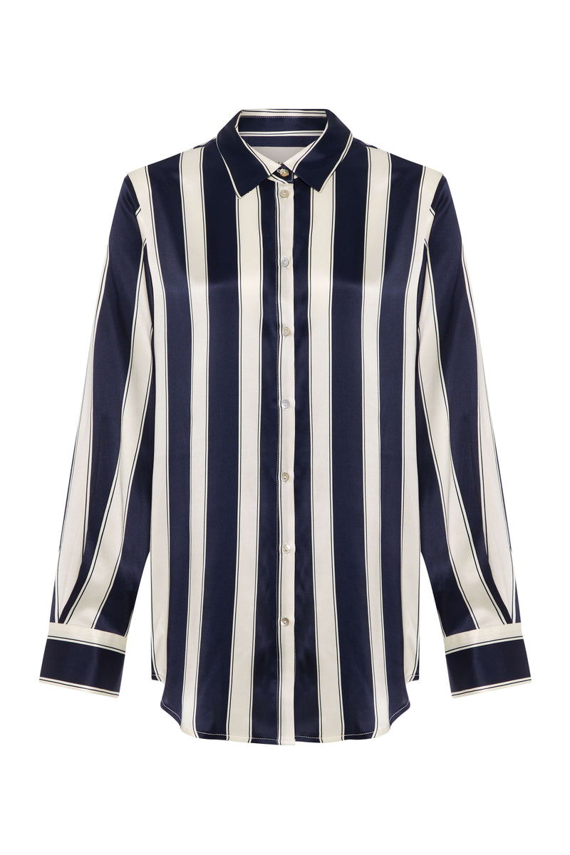 London Pyjama Top Midnight Bold Stripe Silk Charmeuse