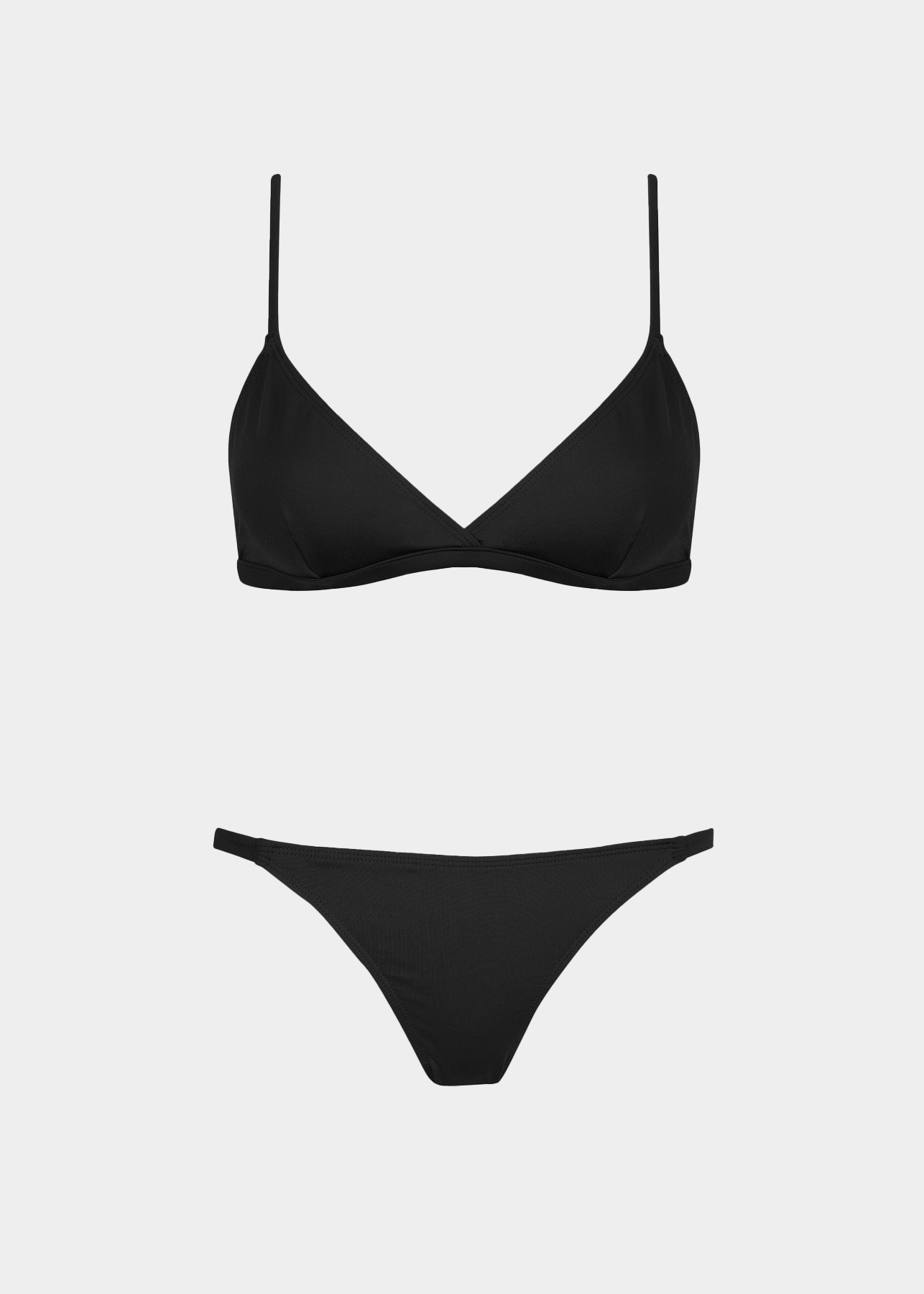 Black bikini set on a light gray background