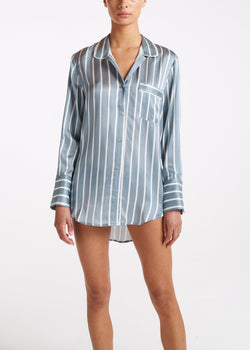 Paris Oversized Pyjama Shirt Dust Blue Stripe Silk