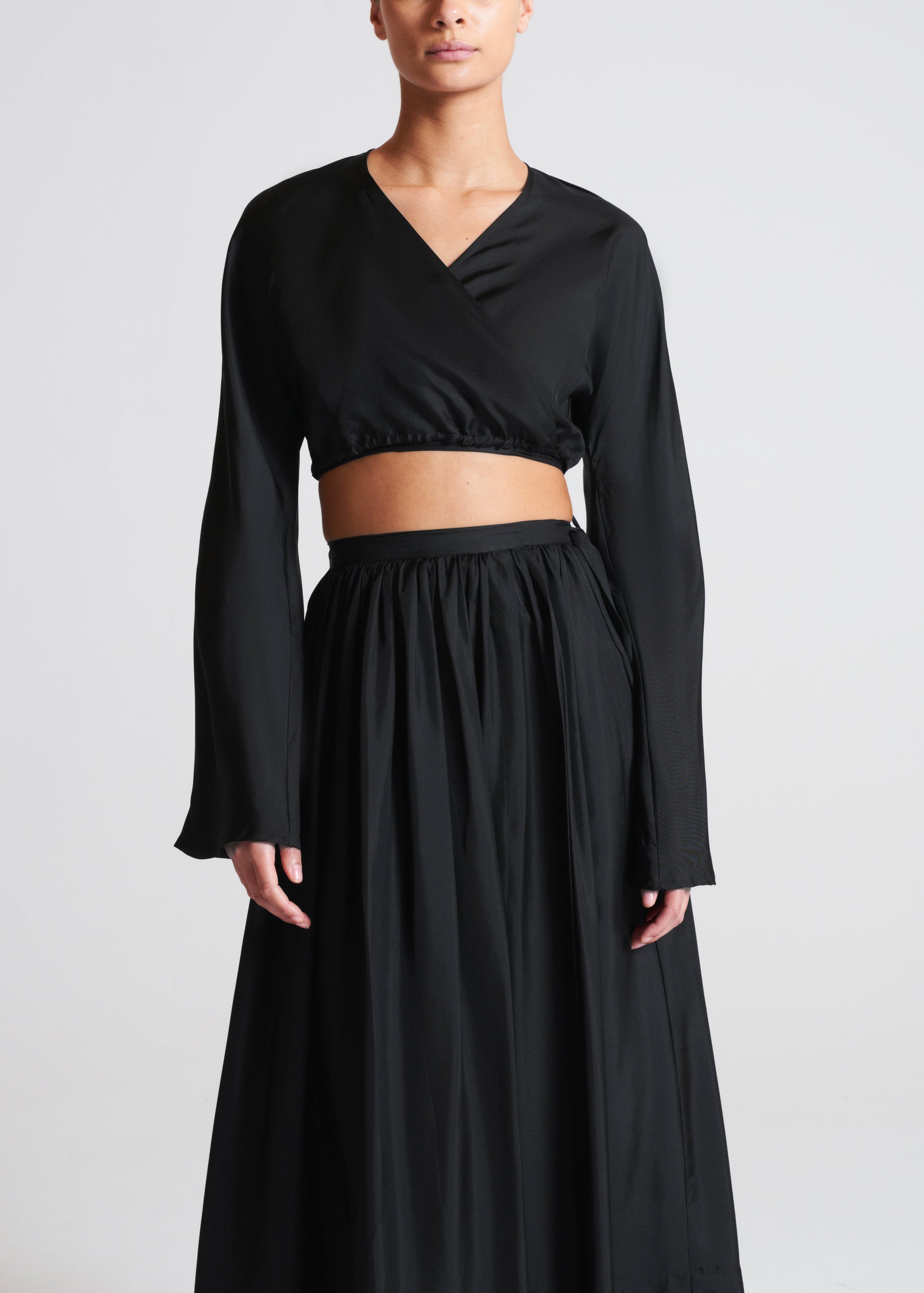 St Tropez Wrap Top Black Silk Twill