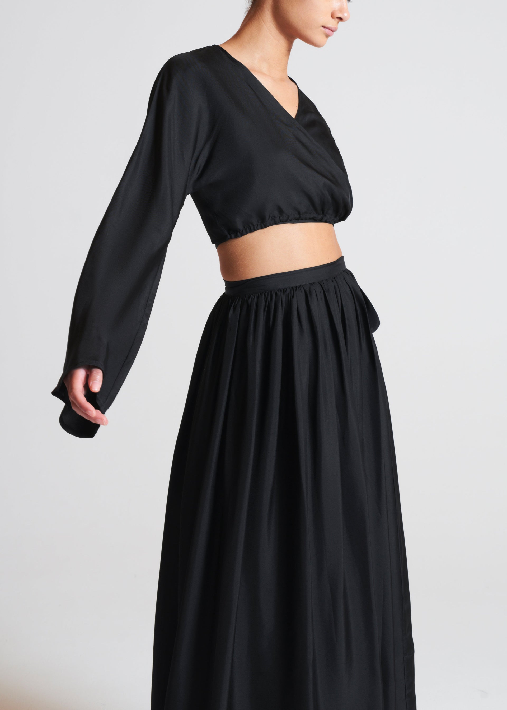 St Tropez Wrap Top Black Silk Twill