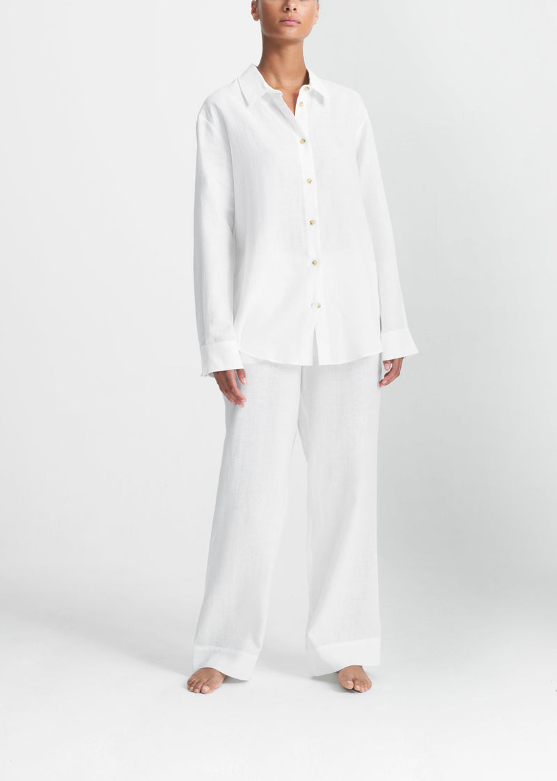 Asceno London White Ribbon Piped Silk Pyjama Shirt