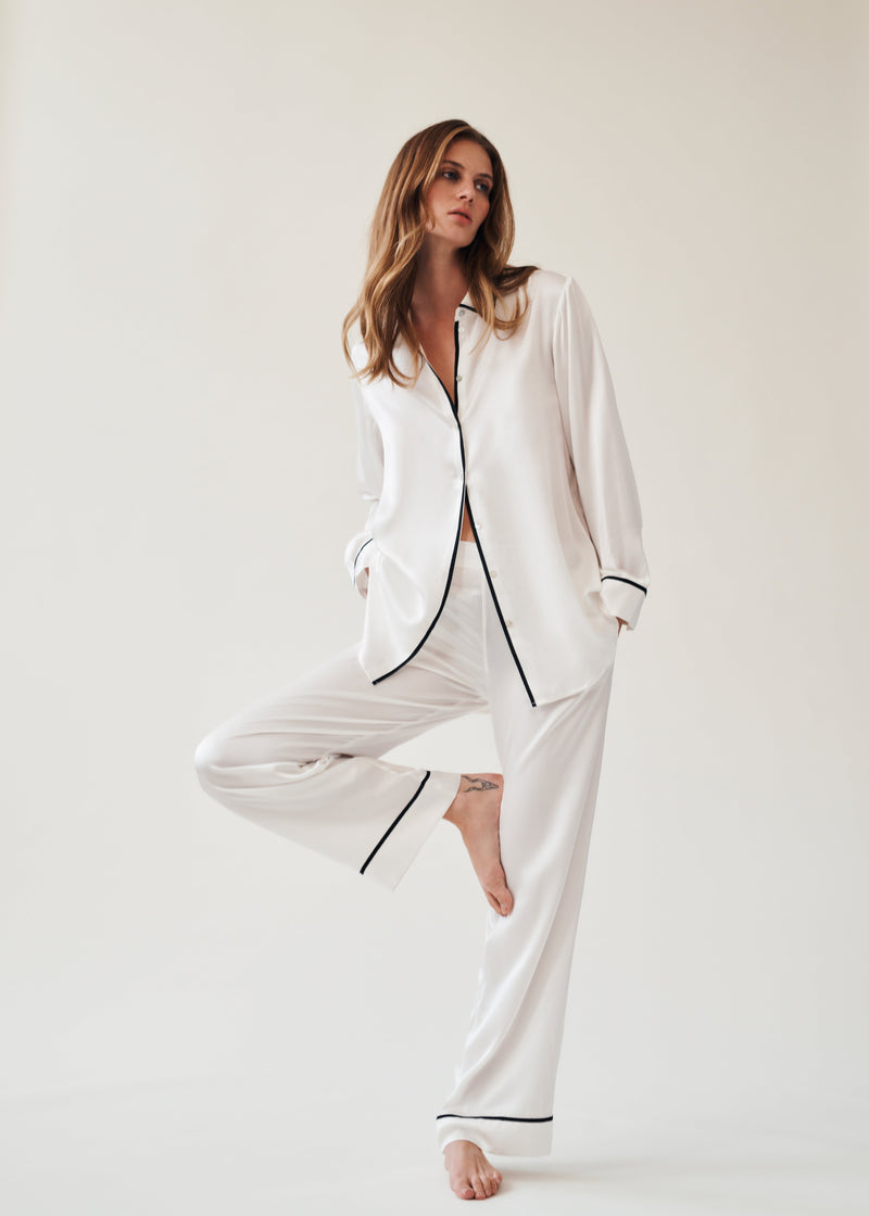 London Pyjama Top White Ribbon Piped Silk