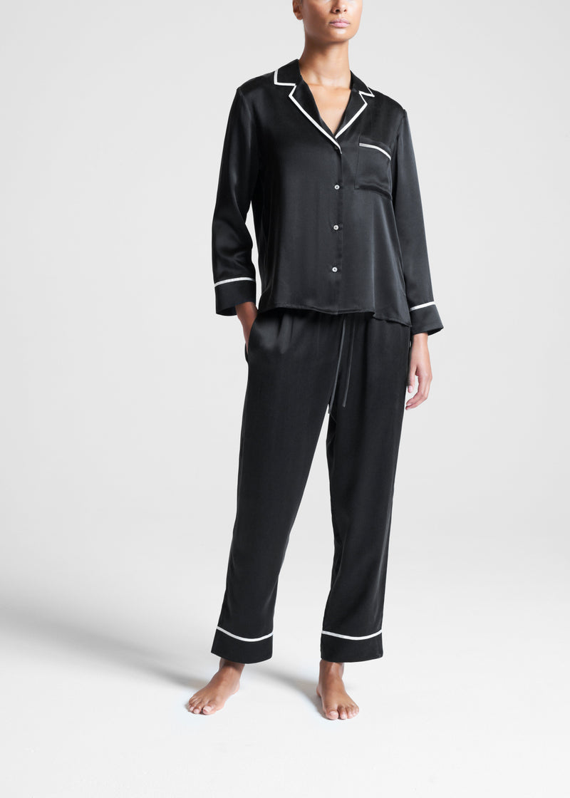 Sydney Cropped Pyjama Bottom Black Ecru Edged Silk