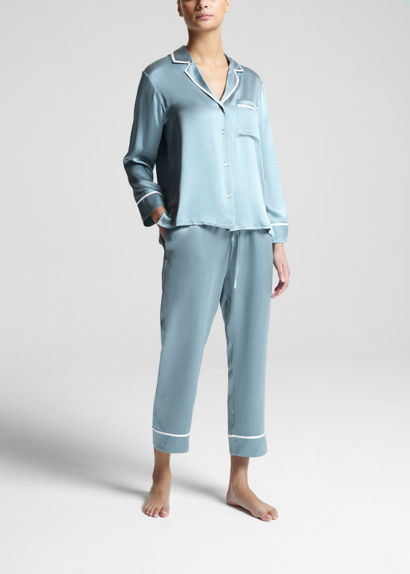 Sydney Cropped Pyjama Shirt Dust Blue Ribbon Pipped Silk