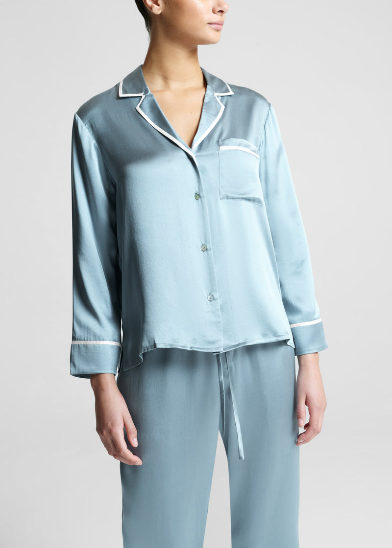 Sydney Cropped Pyjama Shirt Dust Blue Ribbon Pipped Silk