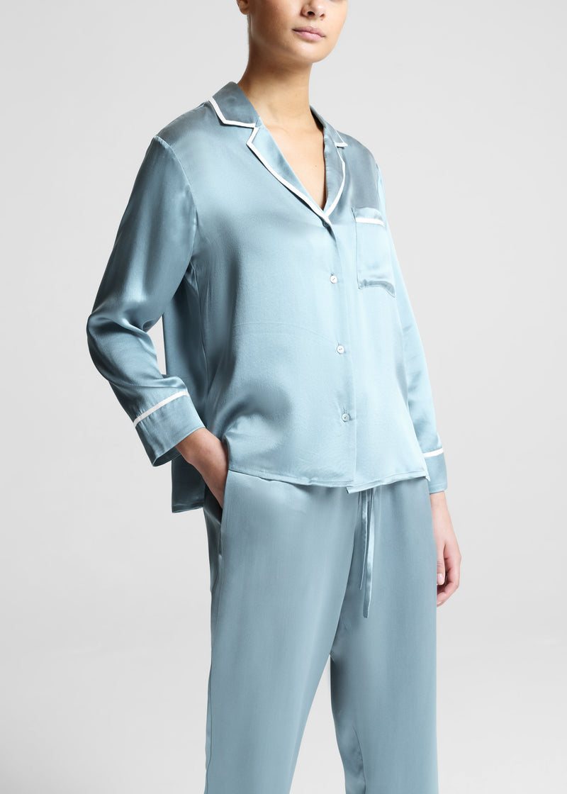 Sydney Dust Blue Ribbon Piped Silk Pyjama Shirt
