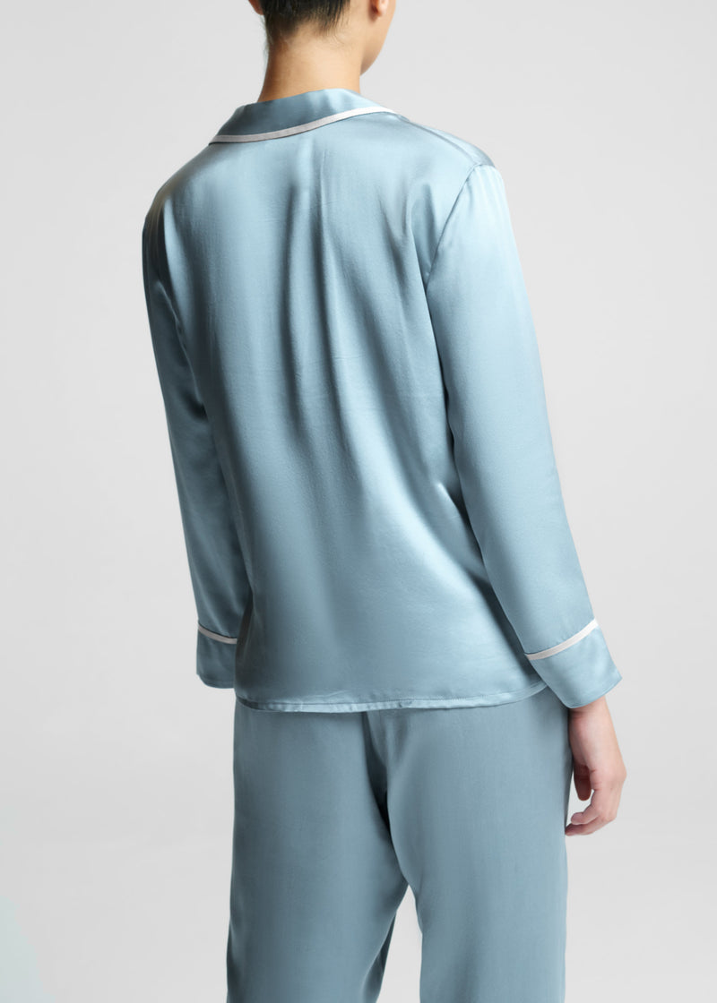 Sydney Cropped Pyjama Shirt Dust Blue Ribbon Pipped Silk