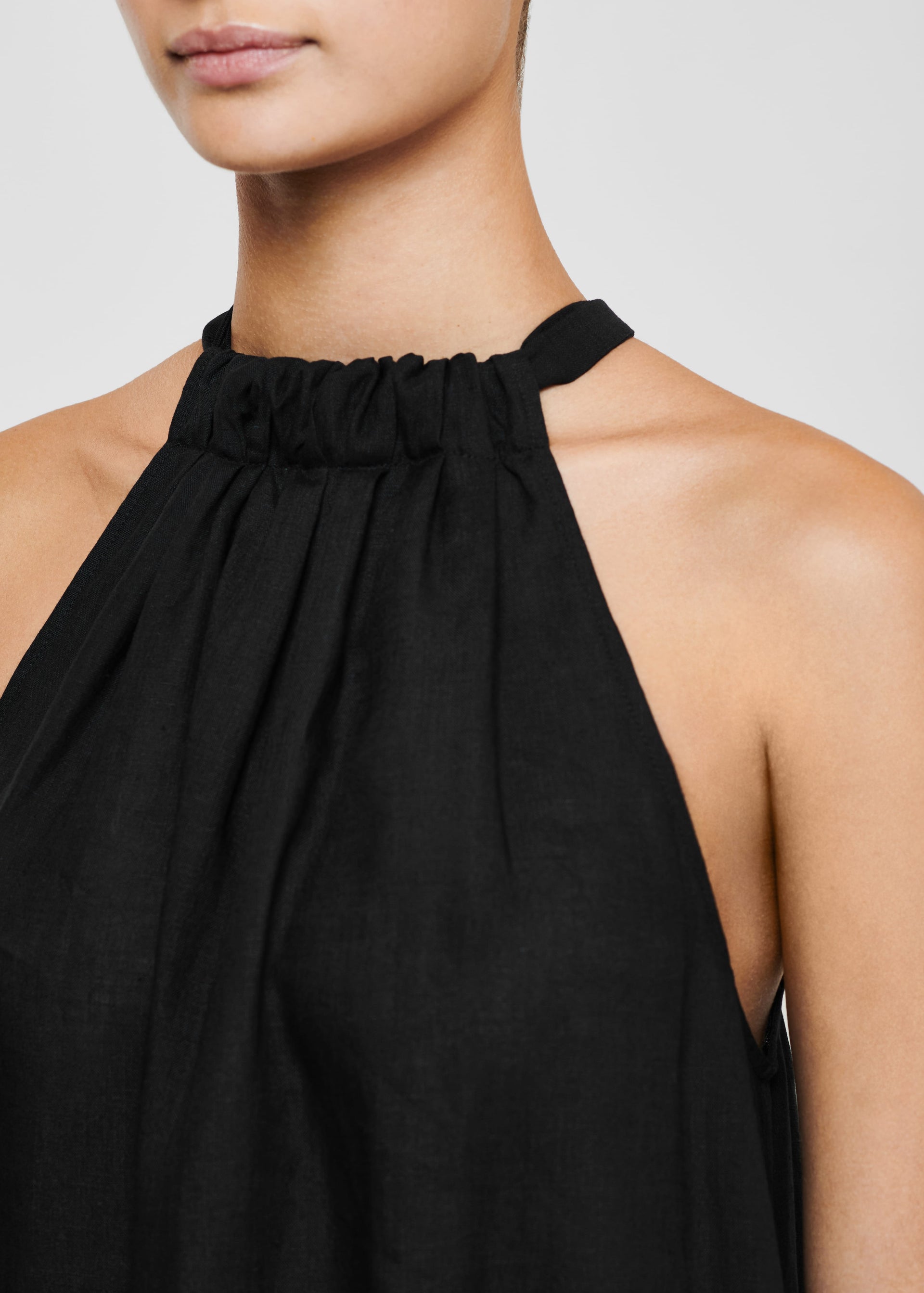 Black Linen High Neck Tie Maxi Dress 