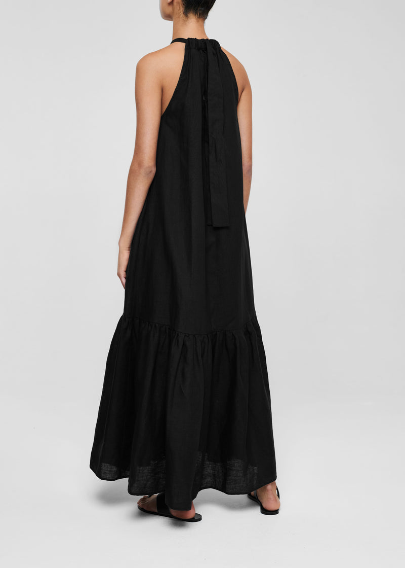 Black Linen High Neck Maxi Dress 