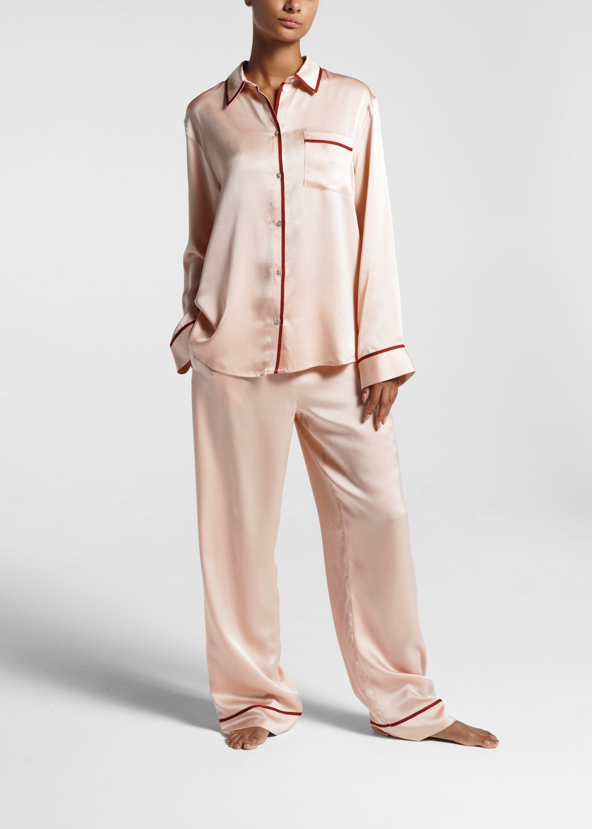 London Pyjama Top Blush Ribbon Piped Silk