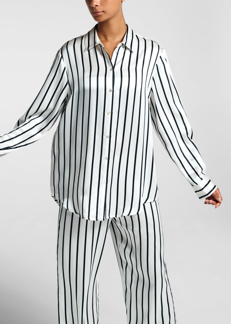 London White and Black Stripe Luxury Silk Pyjama Shirt