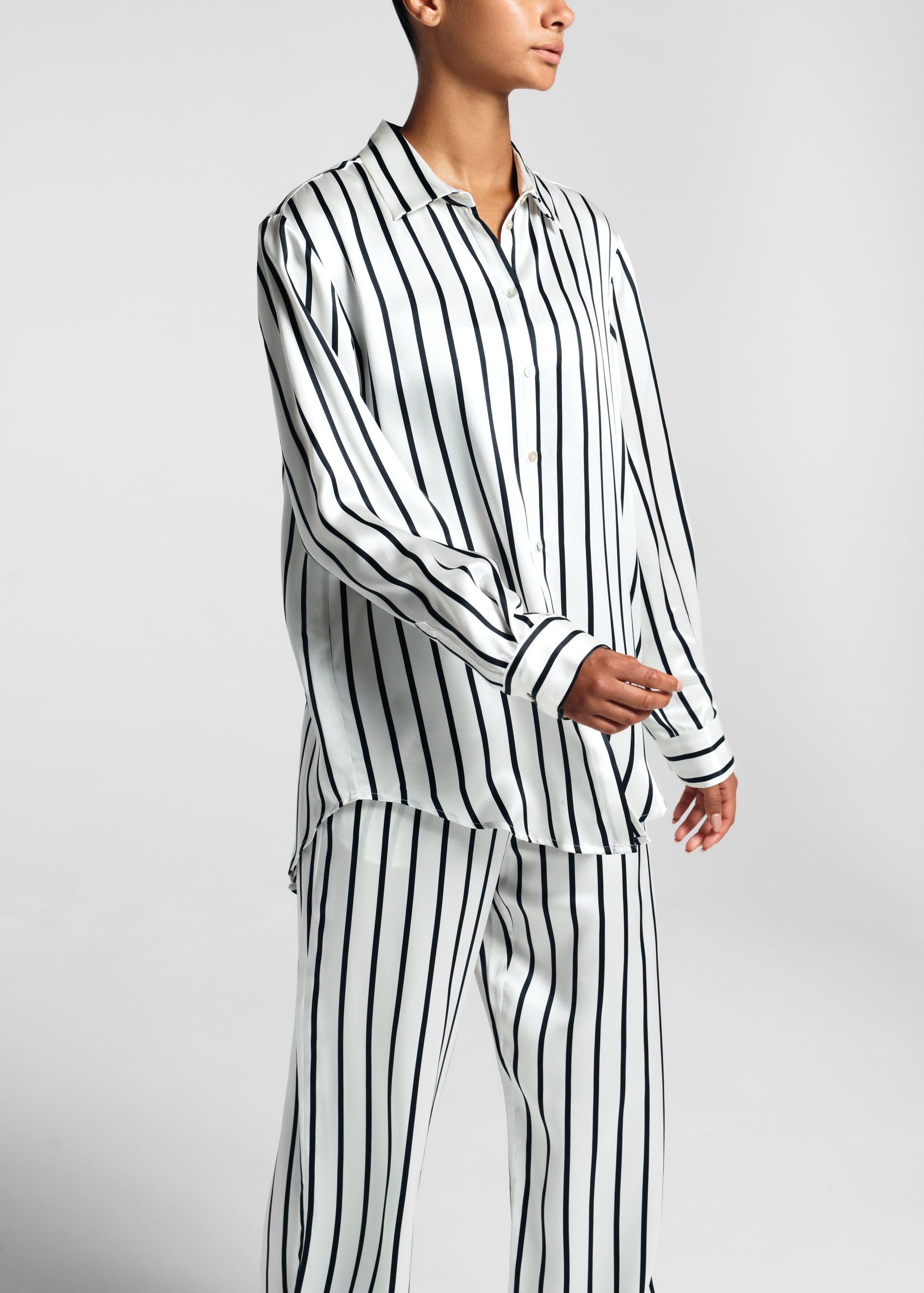 London White and Black Stripe Luxury Silk Pyjama Shirt