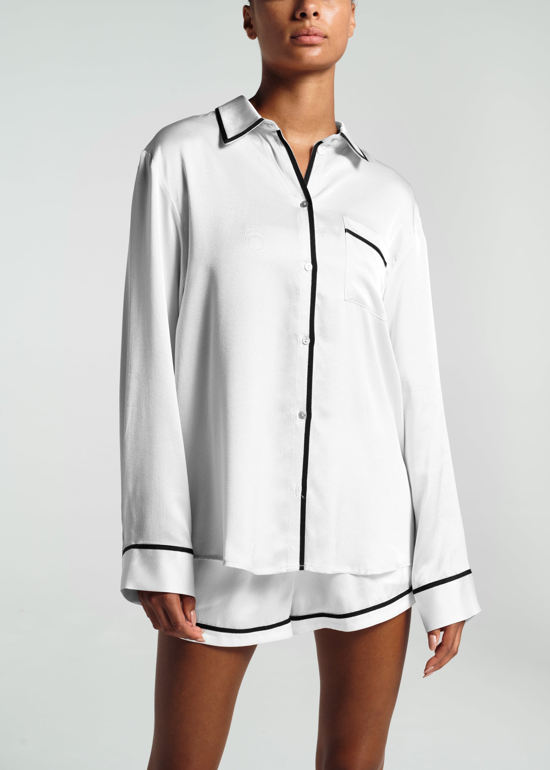London Pyjama Top White Ribbon Piped Silk