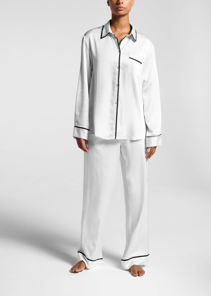 London White Ribbon Piped Luxury Silk Pyjama Shirt