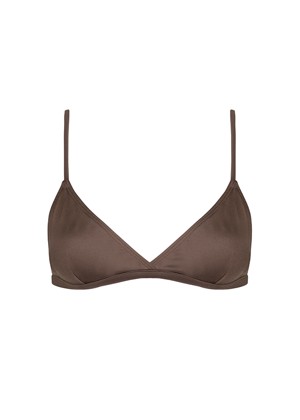 Brown triangle bikini top with slender straps